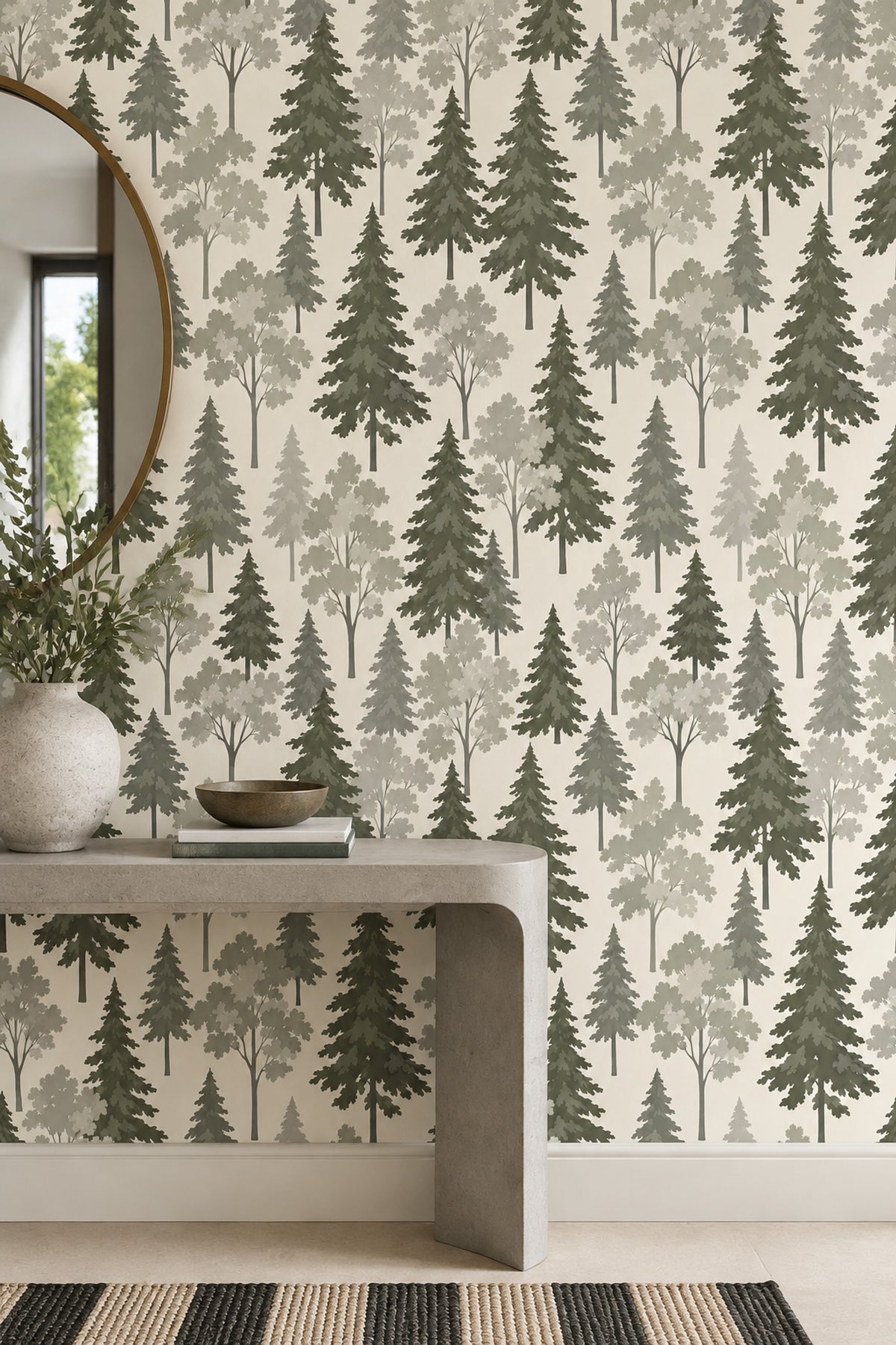 Forest Trees Wallpaper Sage Green Scandinavian Pattern