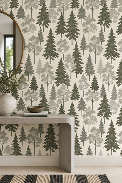 Forest Trees Wallpaper Sage Green Scandinavian Pattern