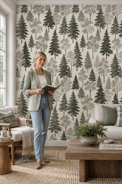 Forest Trees Wallpaper Sage Green Scandinavian Pattern