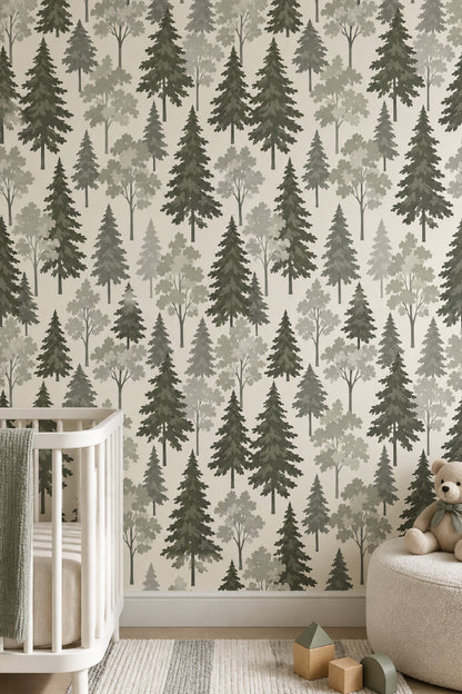 Forest Trees Wallpaper Sage Green Scandinavian Pattern