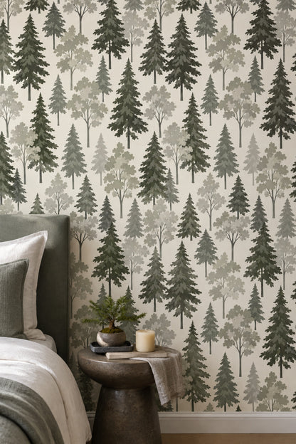 Forest Trees Wallpaper Sage Green Scandinavian Pattern
