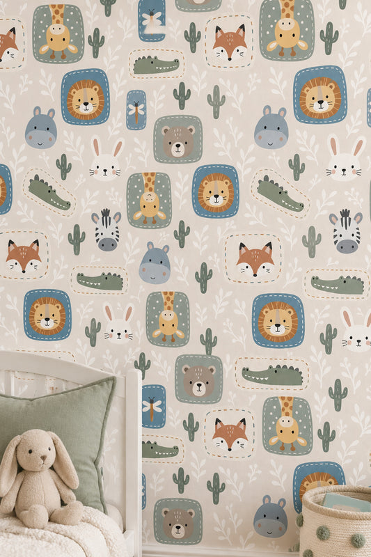 Safari Animal Faces Wallpaper Muted Green Pastel Pattern