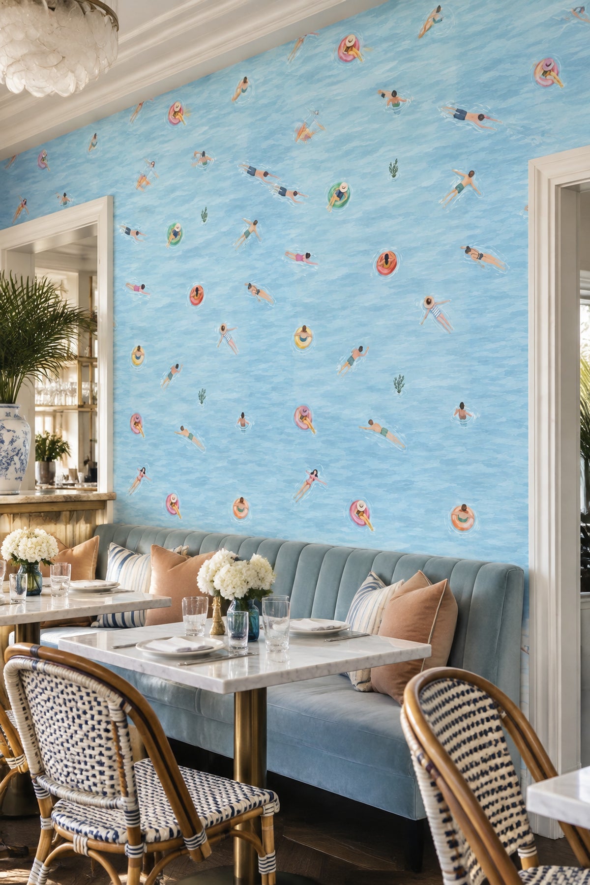 Swimming Pool Swimmers Wallpaper Watercolor Blue Water Pattern