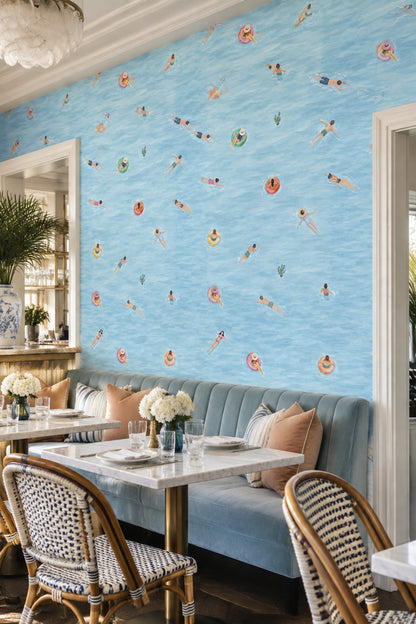 Swimming Pool Swimmers Wallpaper Watercolor Blue Water Pattern