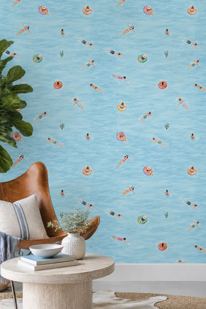 Swimming Pool Swimmers Wallpaper Watercolor Blue Water Pattern