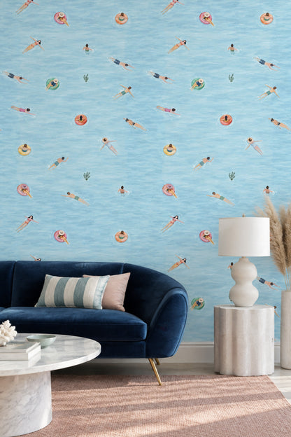 Swimming Pool Swimmers Wallpaper Watercolor Blue Water Pattern