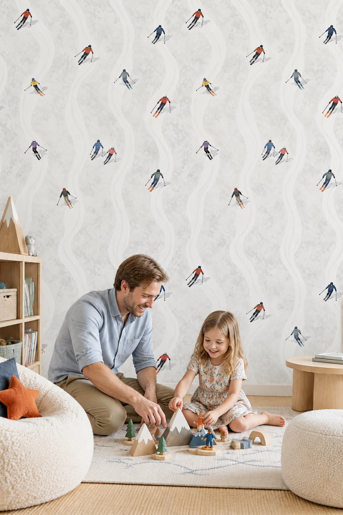 Skiers Wallpaper Bright Illustrated Snow Tracks