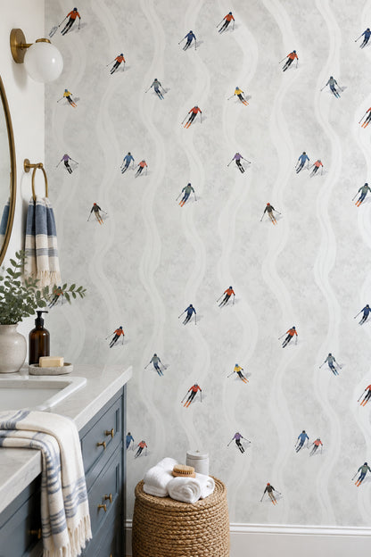 Skiers Wallpaper Bright Illustrated Snow Tracks