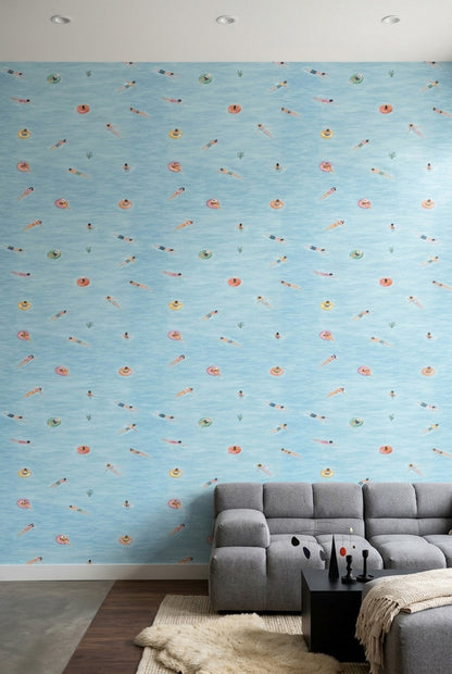 Swimming Pool Swimmers Wallpaper Watercolor Blue Water Pattern