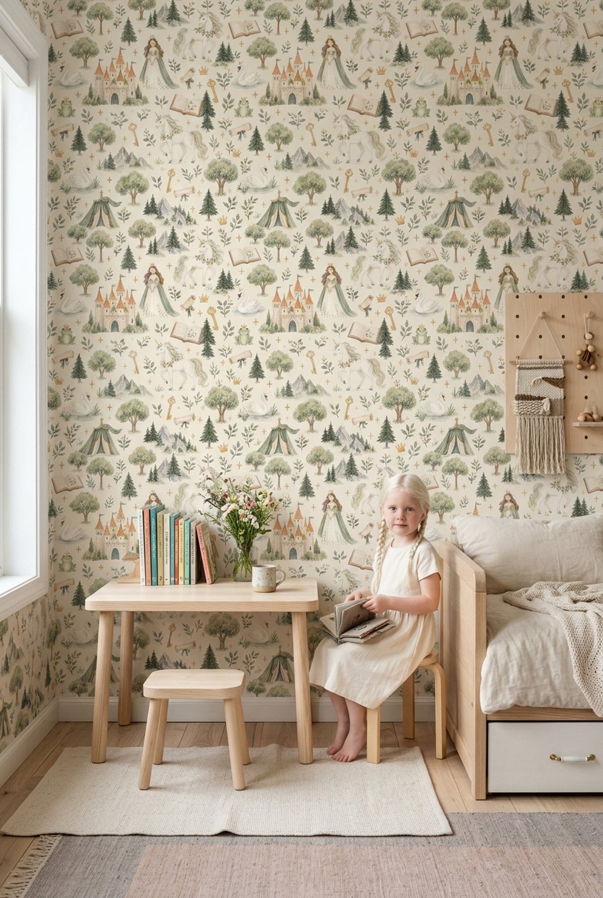 Princess Castle Unicorn Wallpaper Watercolor Cream Sage Pattern