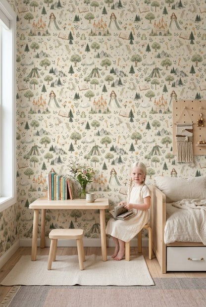 Princess Castle Unicorn Wallpaper Watercolor Cream Sage Pattern
