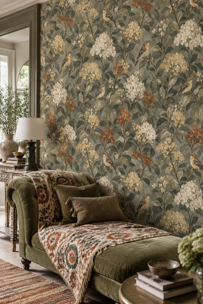 Songbird Branches Wallpaper Dark Sage Botanical Pattern