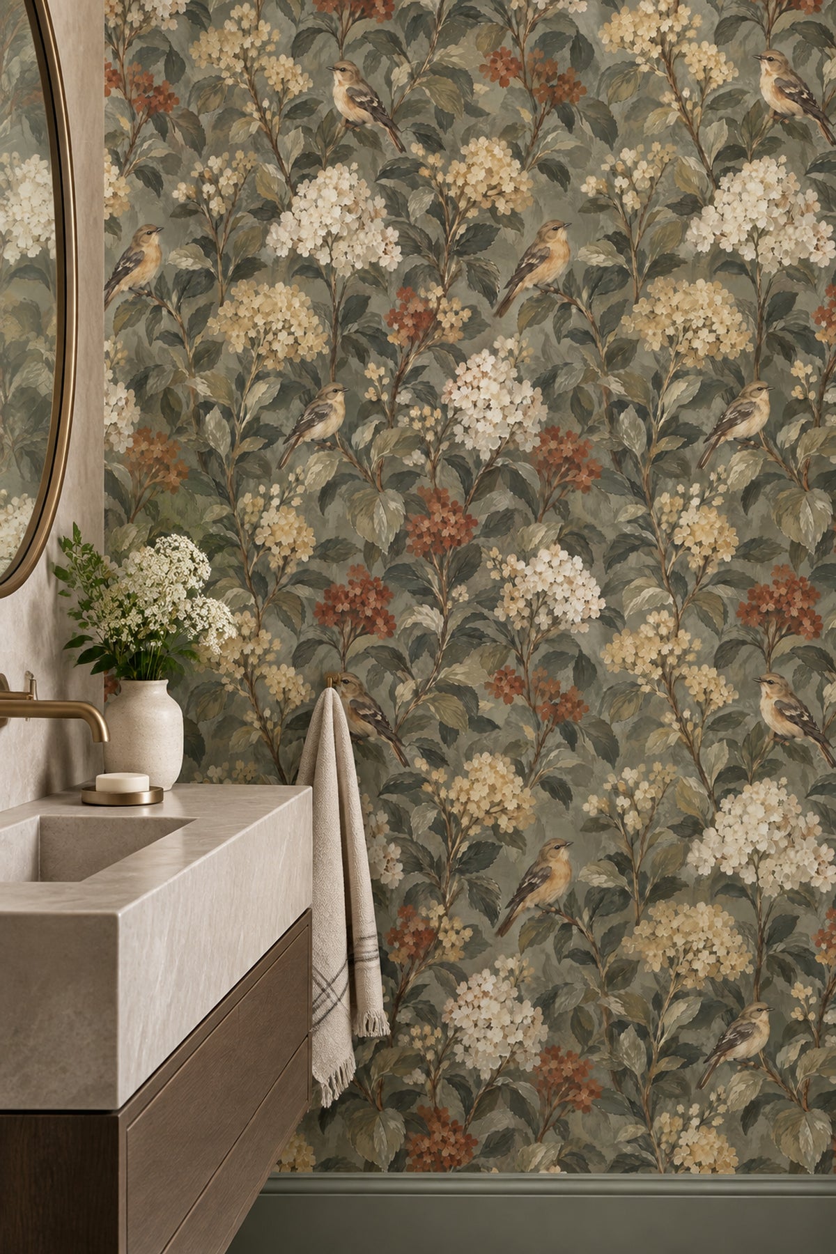 Songbird Branches Wallpaper Dark Sage Botanical Pattern