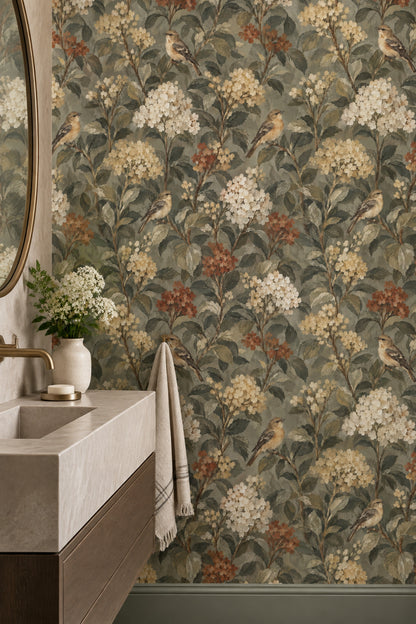 Songbird Branches Wallpaper Dark Sage Botanical Pattern