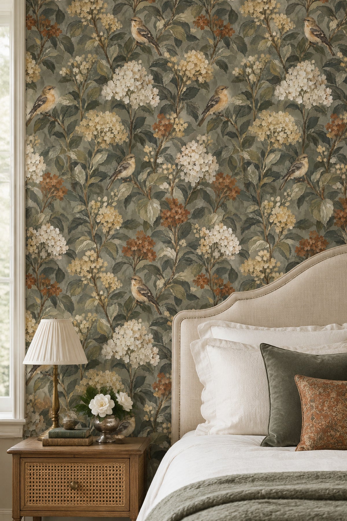 Songbird Branches Wallpaper Dark Sage Botanical Pattern
