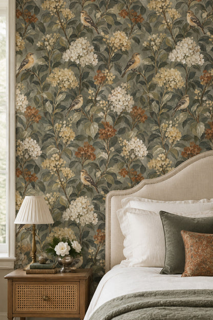 Songbird Branches Wallpaper Dark Sage Botanical Pattern