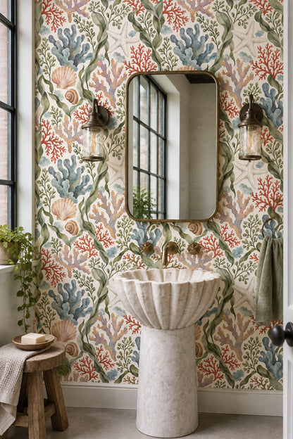 Seaweed And Coral Wallpaper Watercolor Coastal Pattern