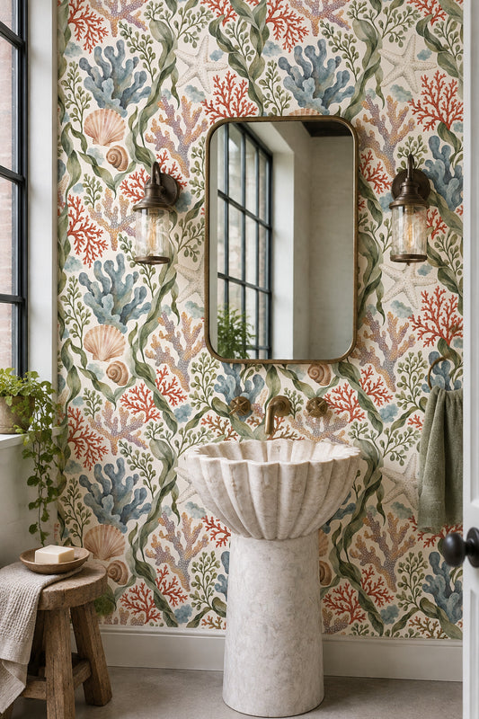 Seaweed And Coral Wallpaper Watercolor Coastal Pattern