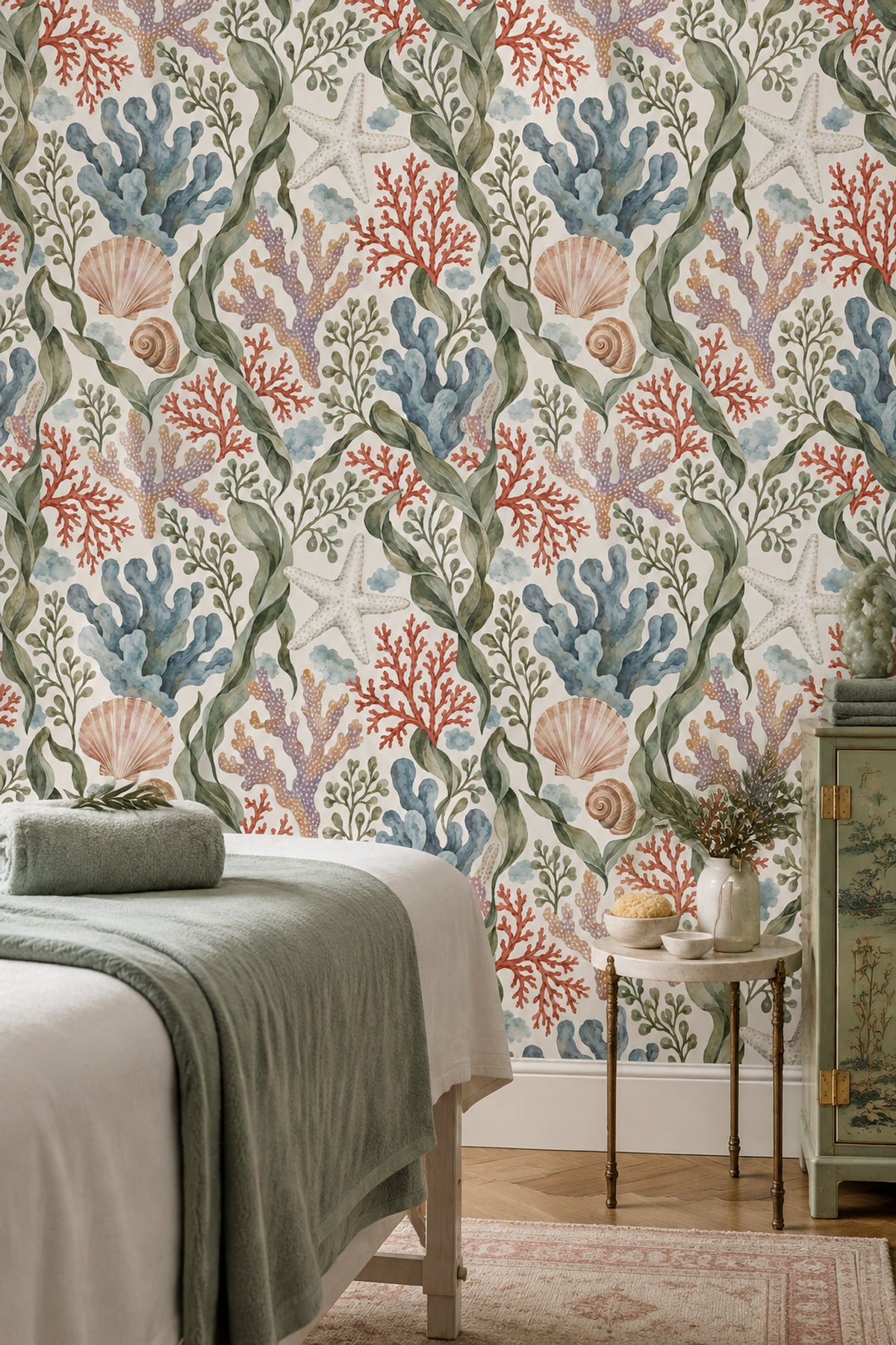 Seaweed And Coral Wallpaper Watercolor Coastal Pattern