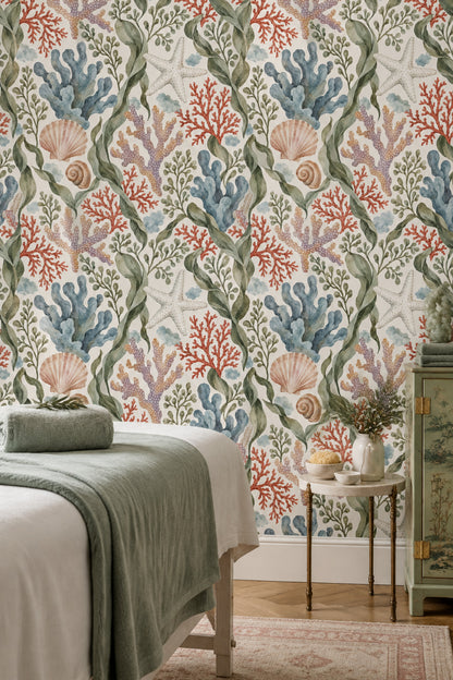 Seaweed And Coral Wallpaper Watercolor Coastal Pattern