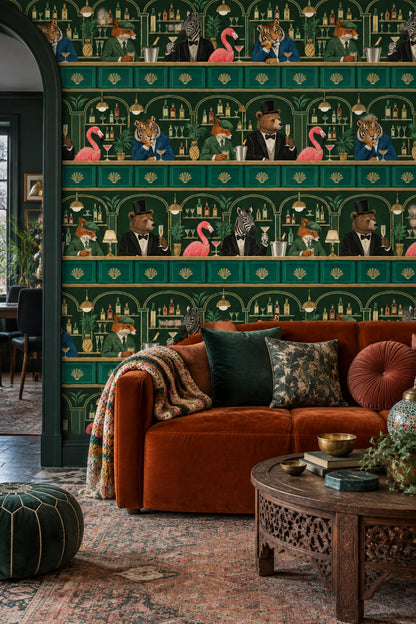 Cocktail Bar Animals Wallpaper Dark Emerald Green Art Deco