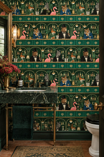 Cocktail Bar Animals Wallpaper Dark Emerald Green Art Deco
