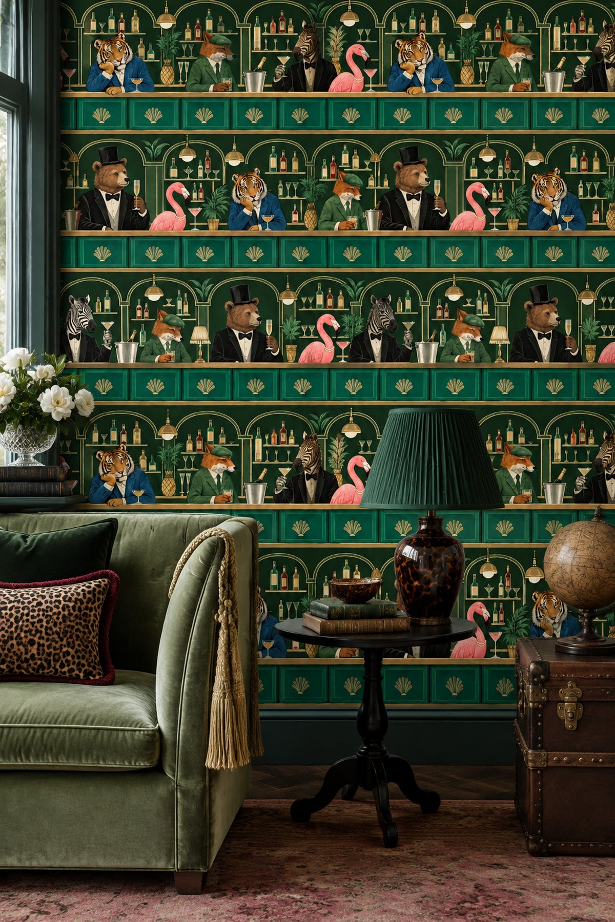 Cocktail Bar Animals Wallpaper Dark Emerald Green Art Deco