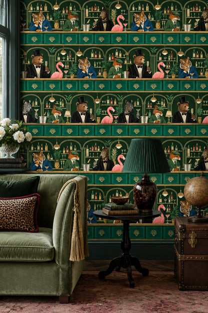 Cocktail Bar Animals Wallpaper Dark Emerald Green Art Deco