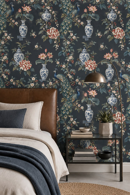 Peacock Wallpaper Dark Chinoiserie Charcoal Background