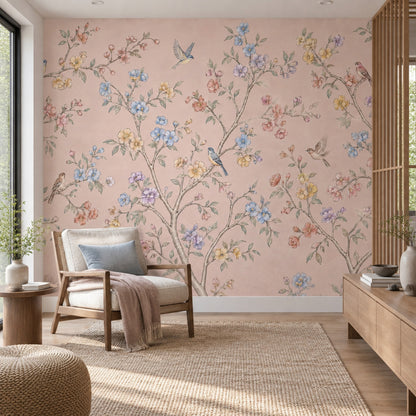 Chinoiserie Blossom Birds Wallpaper Light Pink Garden Wall Mural