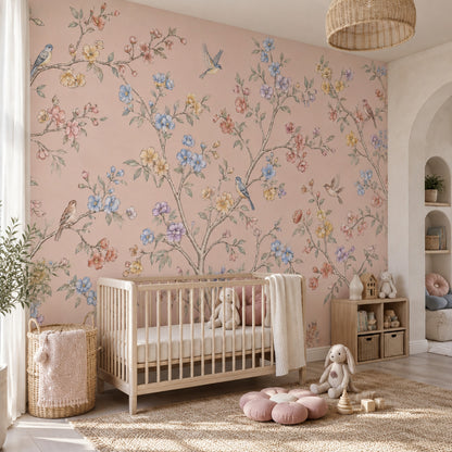 Chinoiserie Blossom Birds Wallpaper Light Pink Garden Wall Mural