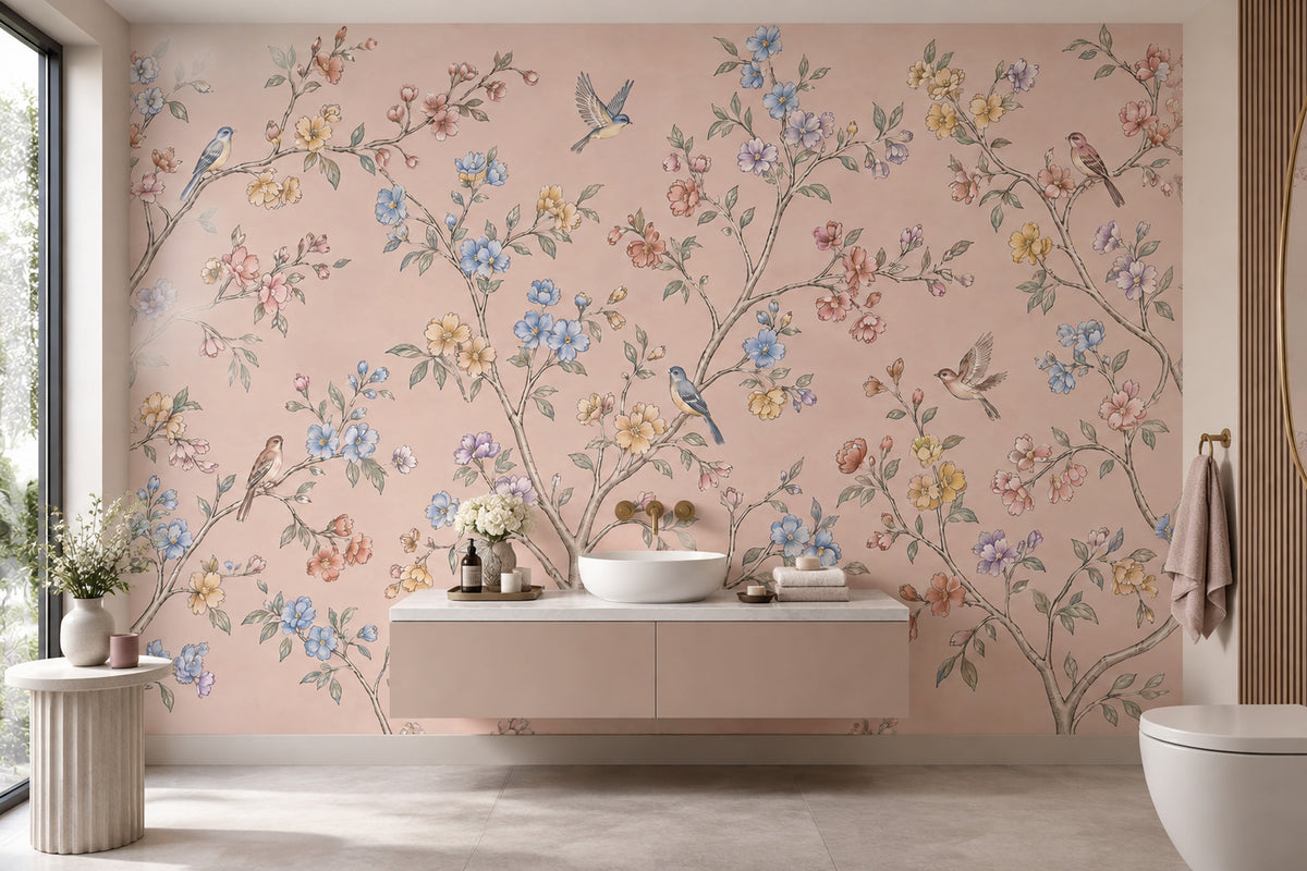 Chinoiserie Blossom Birds Wallpaper Light Pink Garden Wall Mural