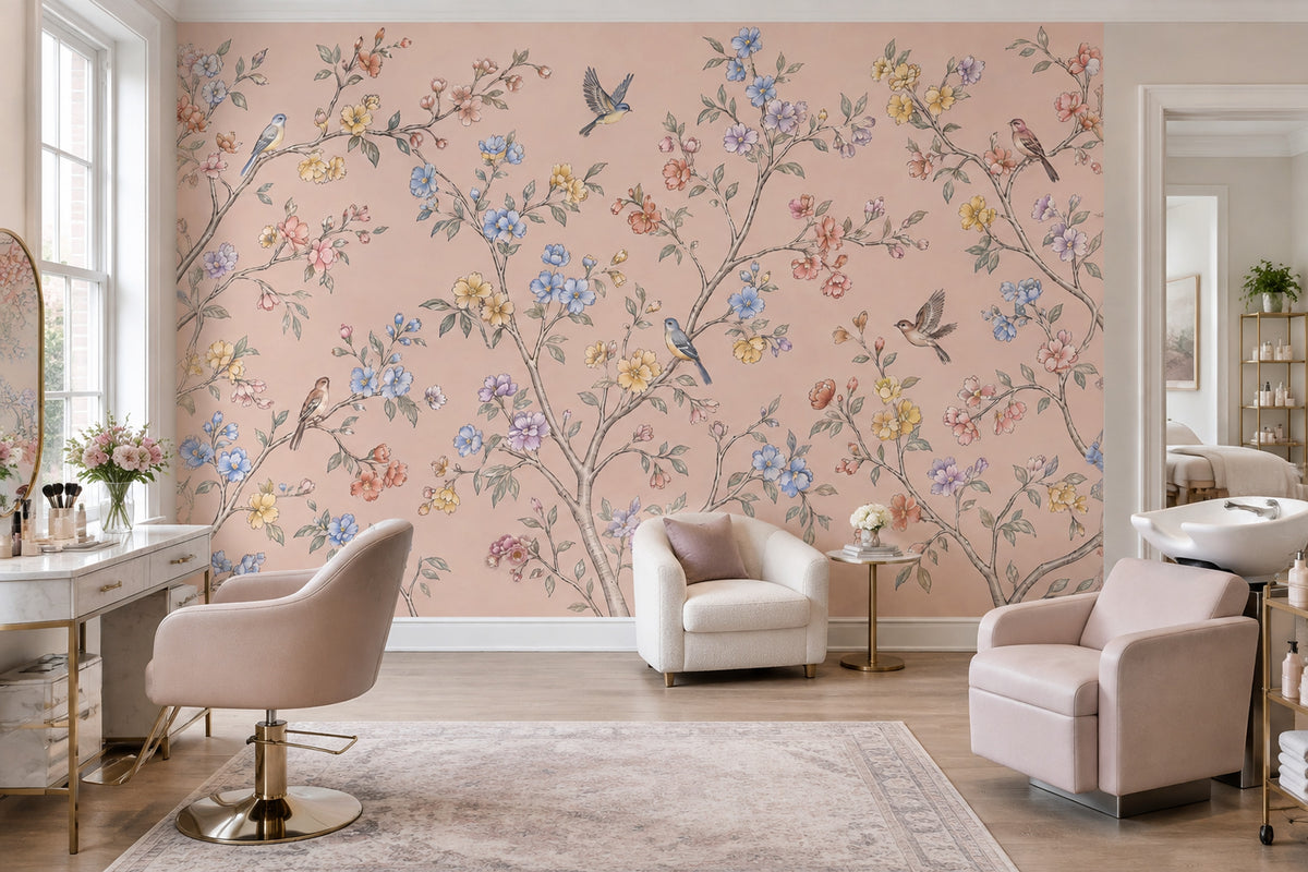 Chinoiserie Blossom Birds Wallpaper Light Pink Garden Wall Mural
