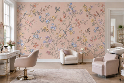 Chinoiserie Blossom Birds Wallpaper Light Pink Garden Wall Mural