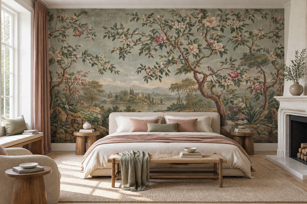 Chinoiserie Blossom Landscape Wallpaper Cloudy Sky Wall Mural