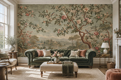 Chinoiserie Blossom Landscape Wallpaper Cloudy Sky Wall Mural