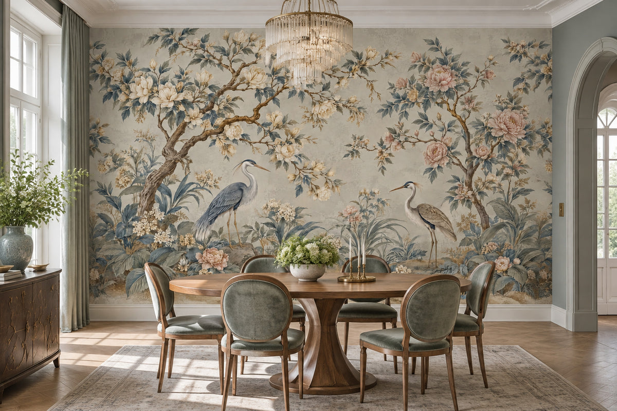 Herons And Peonies Wallpaper Chinoiserie Garden Wall Mural