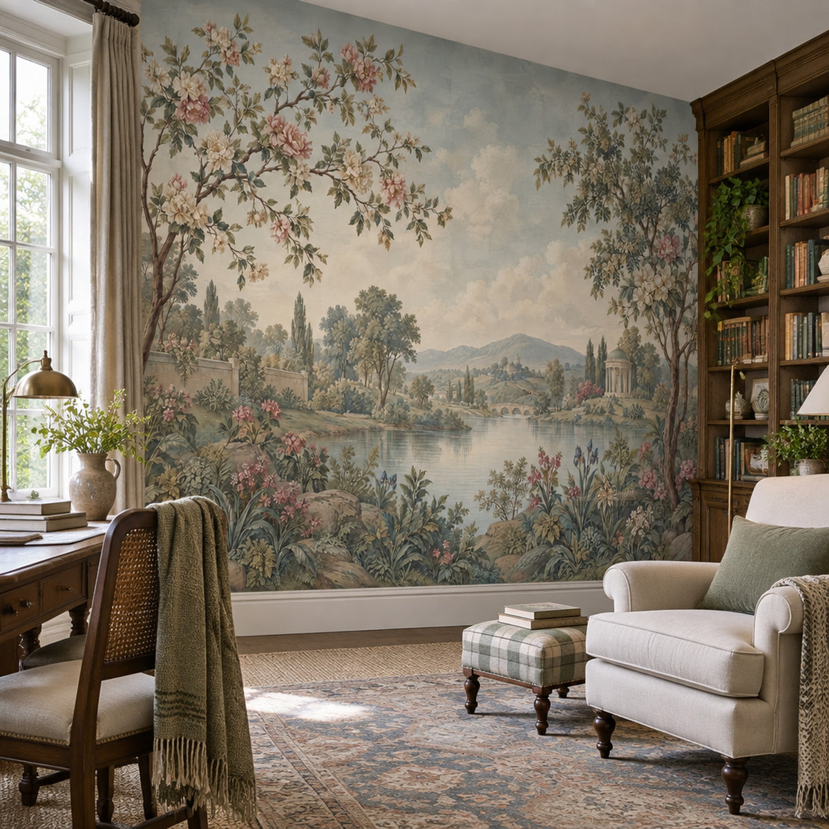 Romantic Garden Landscape Wallpaper Cloudy Sky Wall Mural