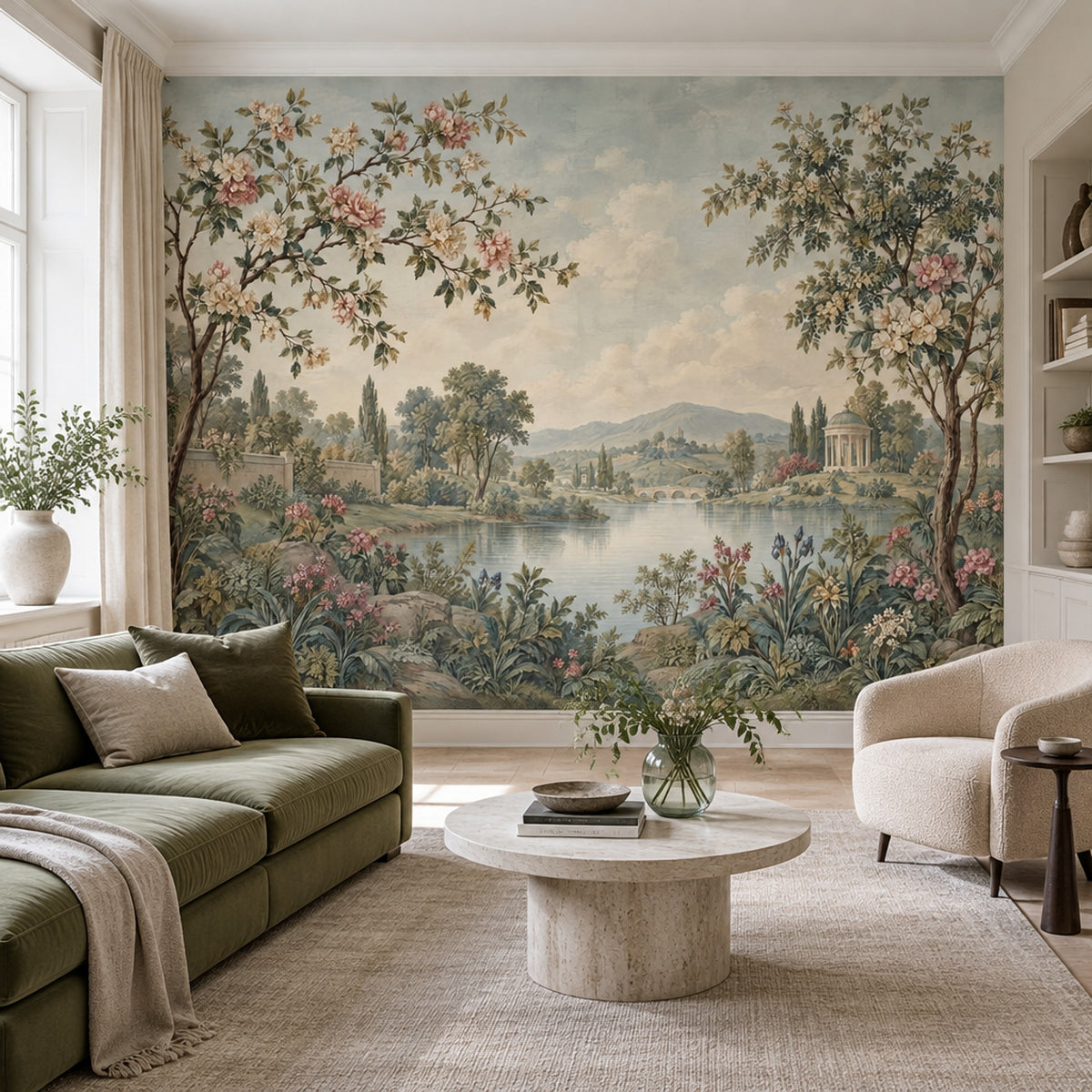 Romantic Garden Landscape Wallpaper Cloudy Sky Wall Mural
