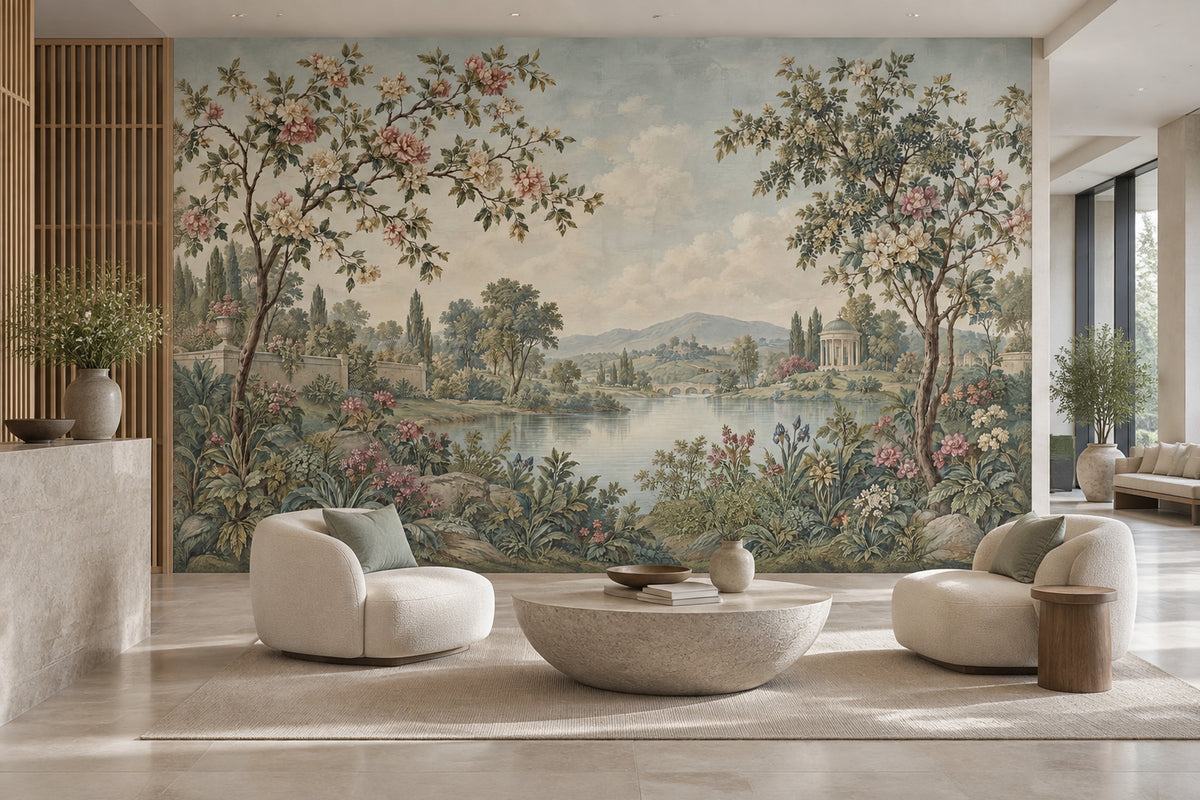Romantic Garden Landscape Wallpaper Cloudy Sky Wall Mural