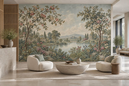 Romantic Garden Landscape Wallpaper Cloudy Sky Wall Mural
