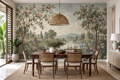 Romantic Garden Landscape Wallpaper Cloudy Sky Wall Mural