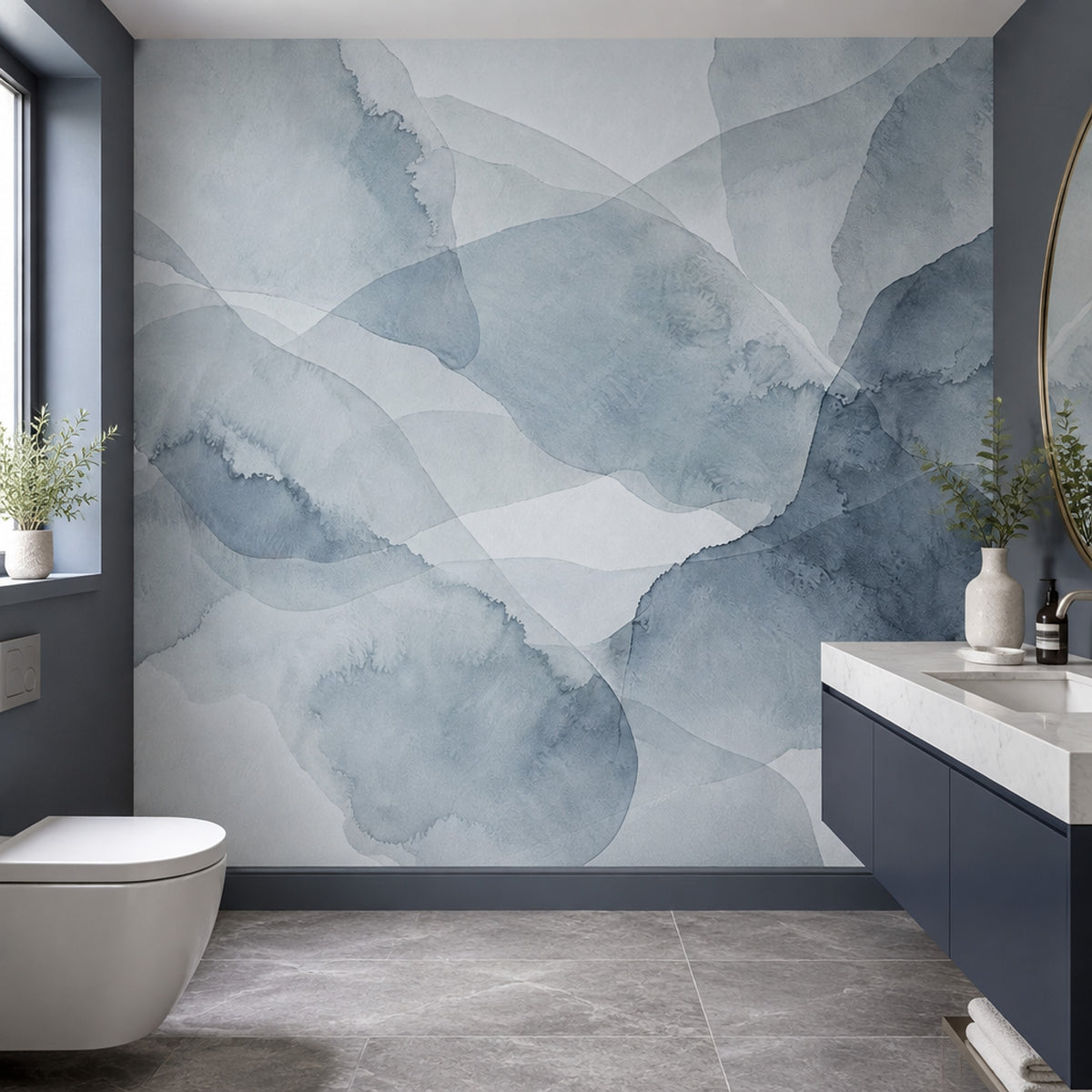 Abstract Watercolor Layers Wallpaper Blue Gray Minimalist Wall Mural