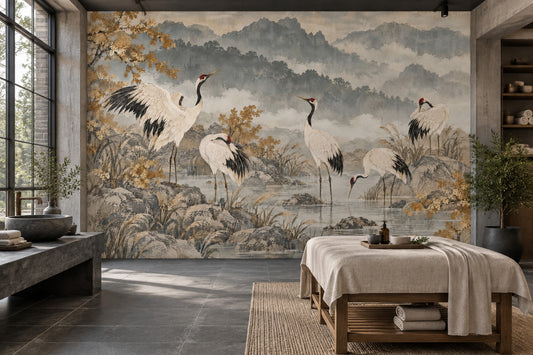 Cranes And Misty Mountains Wallpaper Chinoiserie Landscape Wall Mural