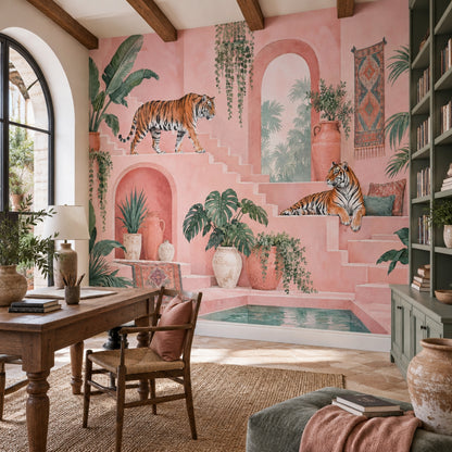 Tigers Tropical Courtyard Wallpaper Pink Arches Wall Mural