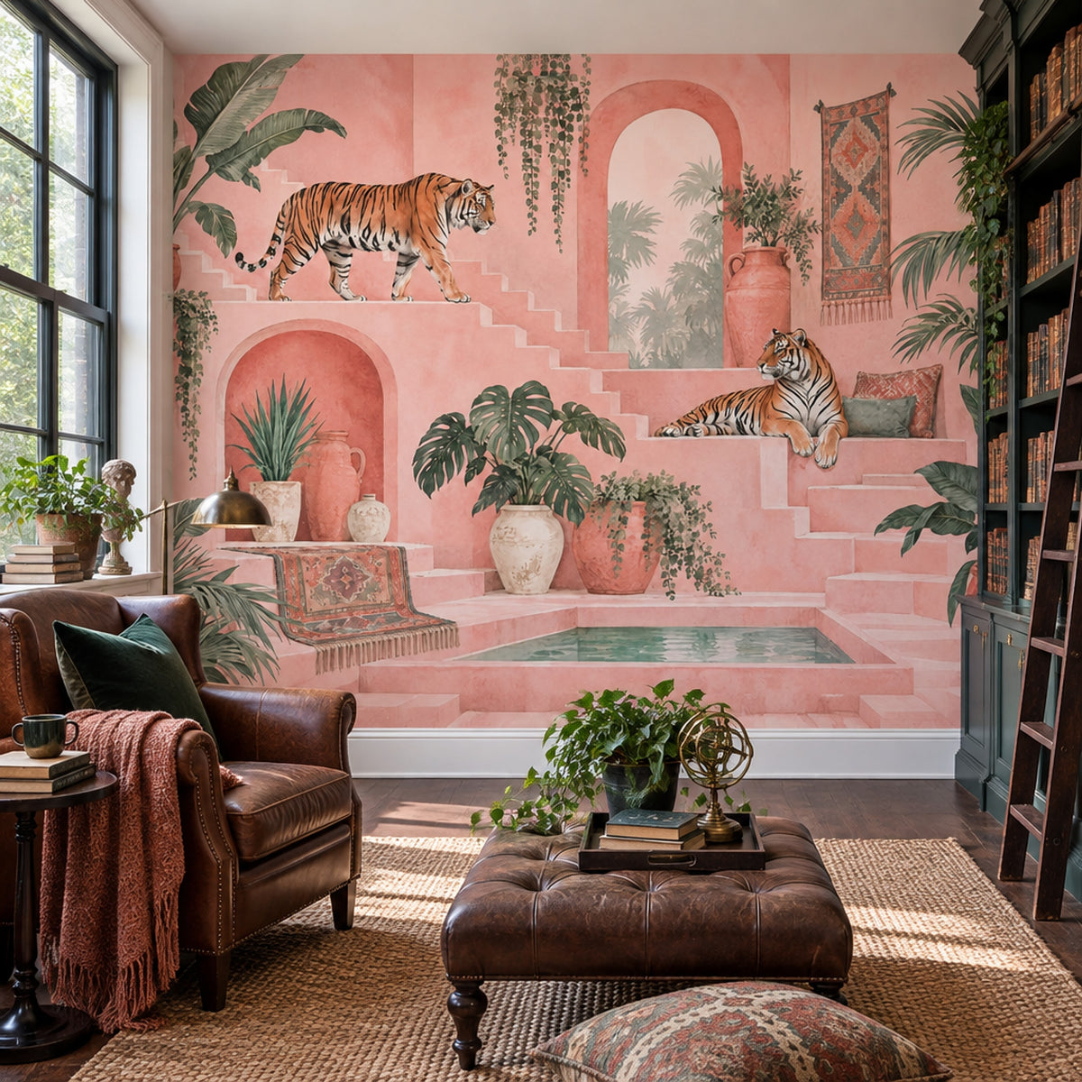 Tigers Tropical Courtyard Wallpaper Pink Arches Wall Mural