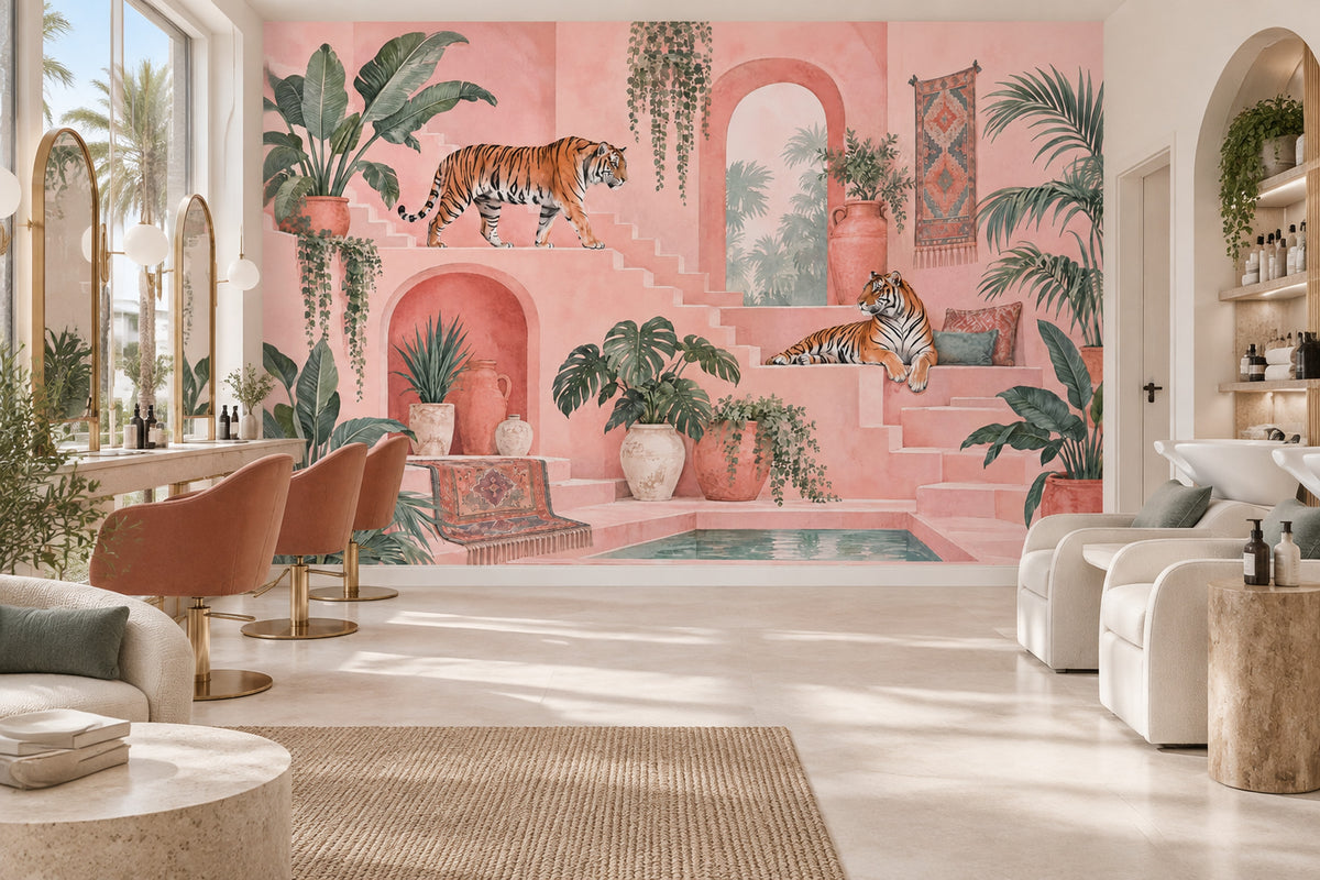 Tigers Tropical Courtyard Wallpaper Pink Arches Wall Mural
