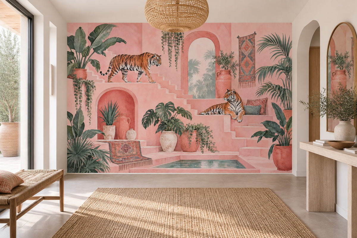 Tigers Tropical Courtyard Wallpaper Pink Arches Wall Mural