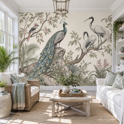Chinoiserie Birds Wallpaper Muted Green Botanical Wall Mural