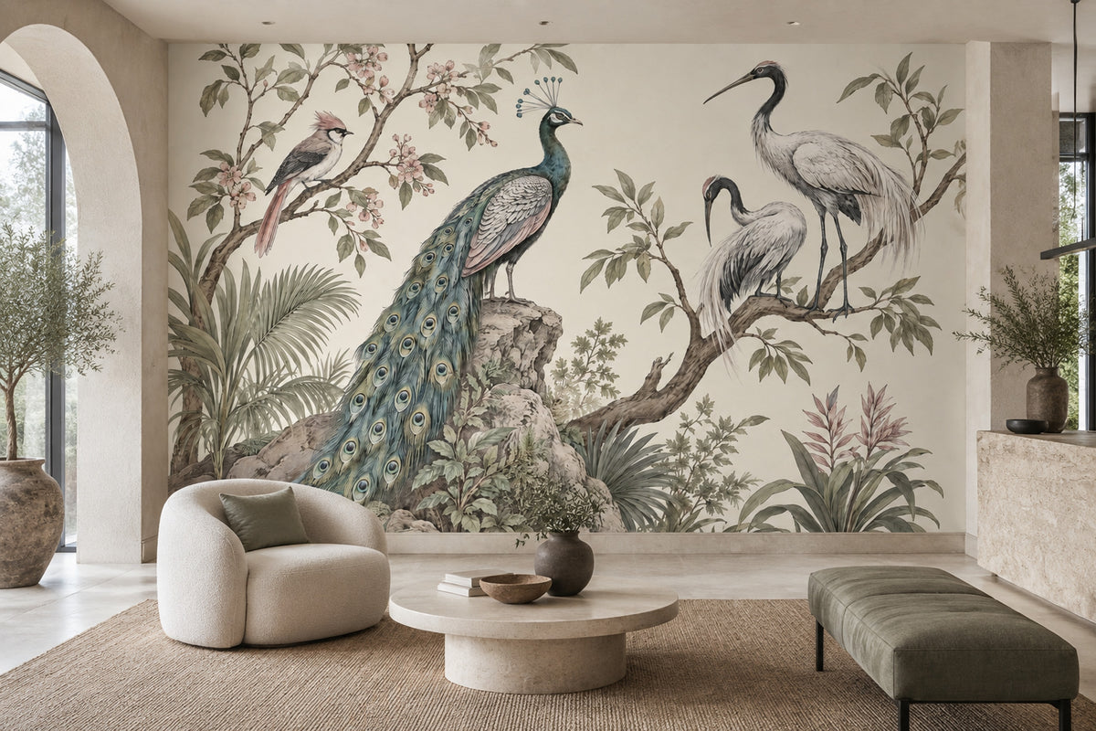 Chinoiserie Birds Wallpaper Muted Green Botanical Wall Mural
